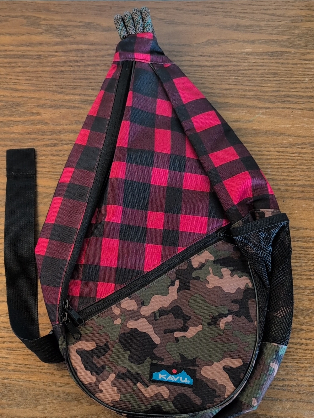 Kavu Red and Black Buffalo Plaid Sling Bag with Camo Pocket